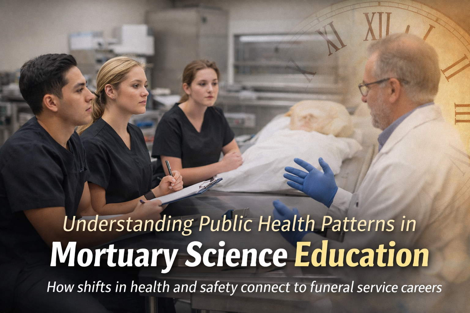 Mortuary science students learning about public health patterns and funeral service education