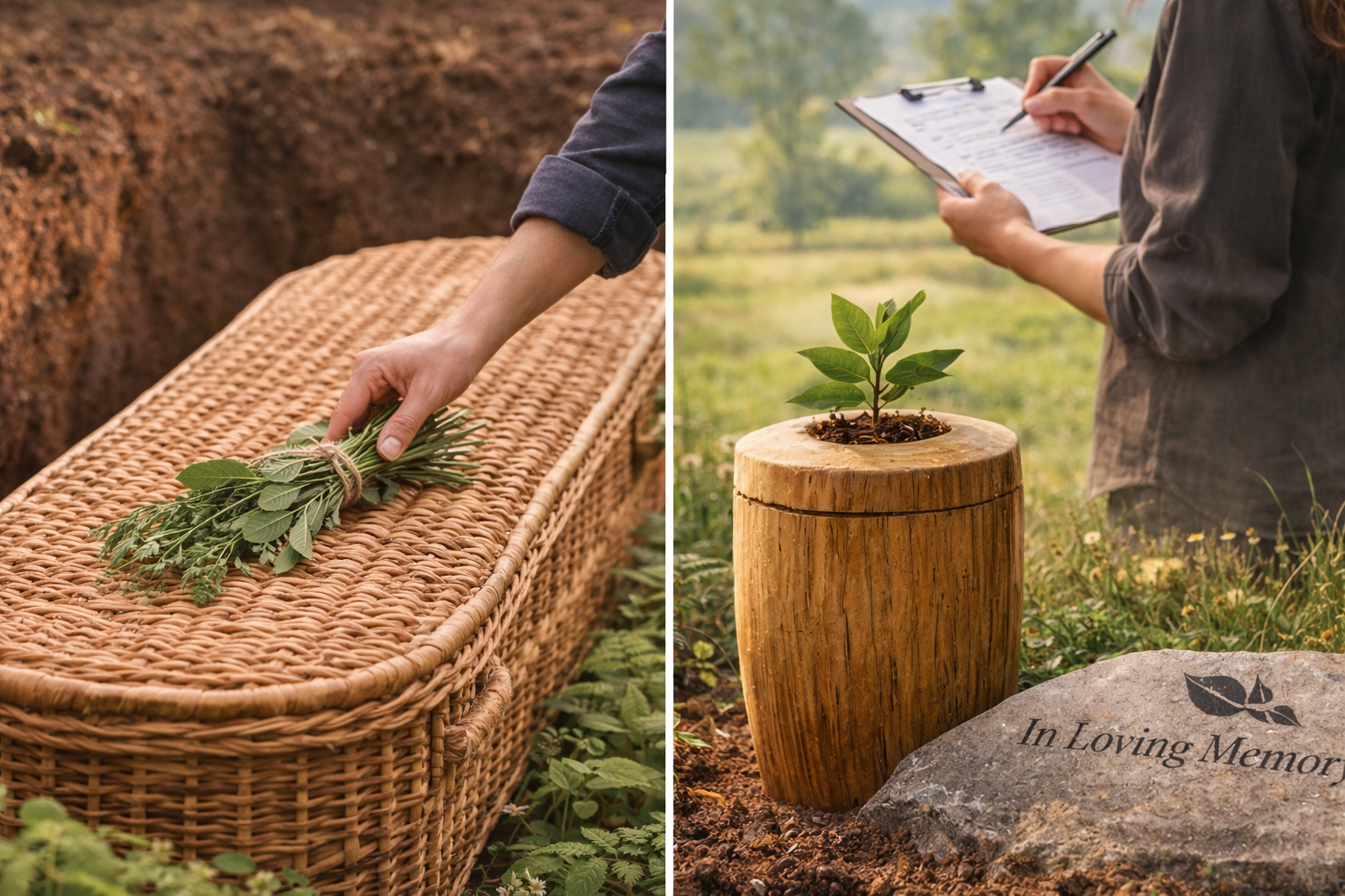 Biodegradable wicker casket at a natural burial site with eco-friendly urn and plant memorial