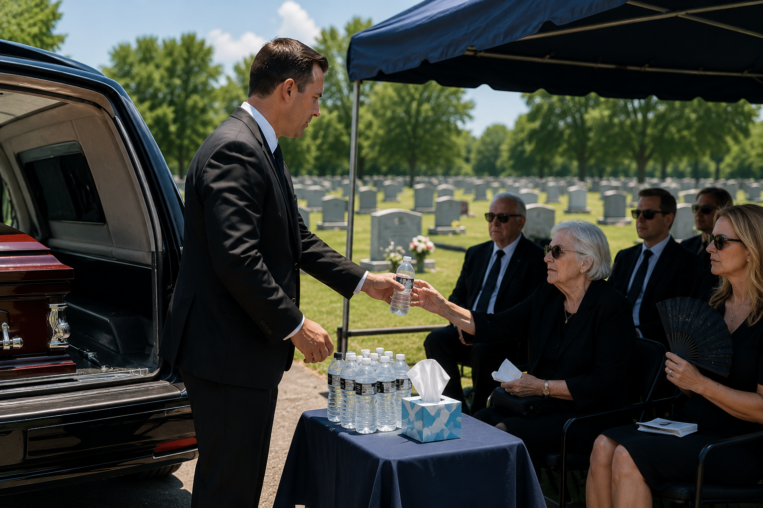 Funeral director providing bottled water to family members during an outdoor funeral service in extreme summer heat