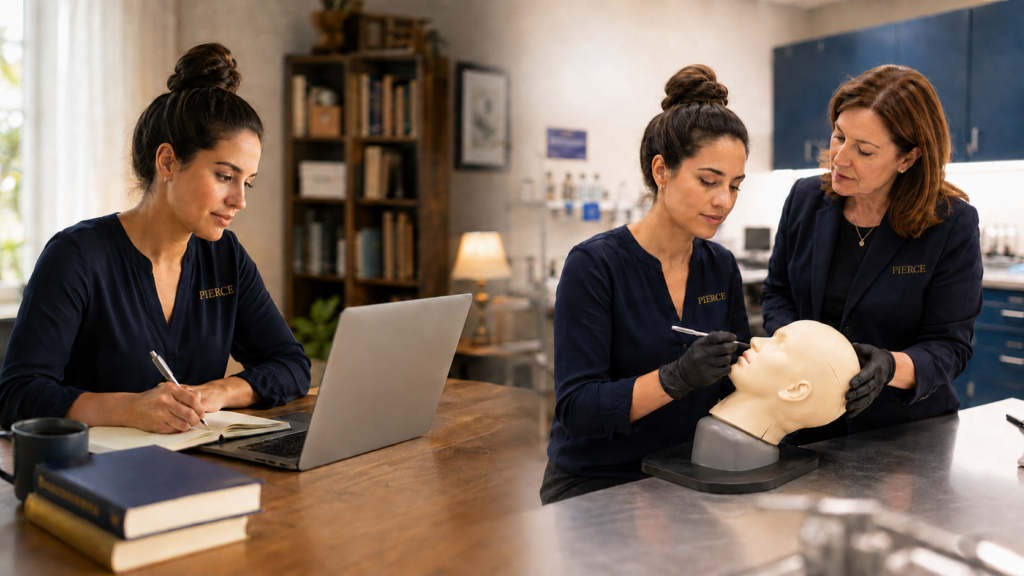 Funeral service student completing online coursework at home while preparing for supervised clinical training