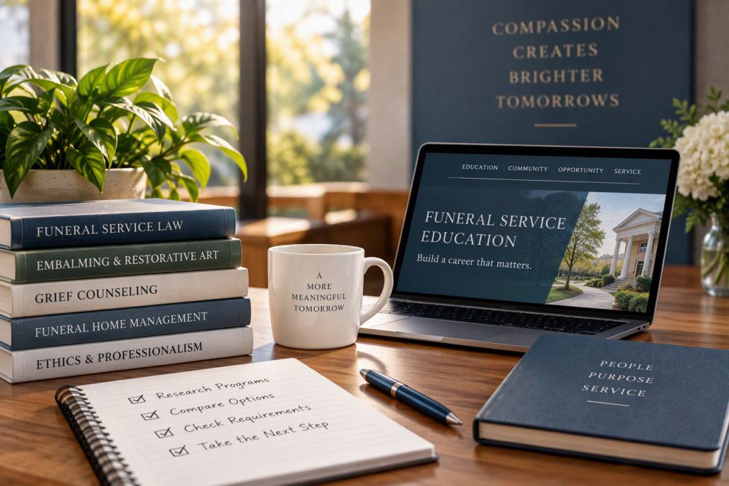Funeral service education study materials with laptop, textbooks, notebook, and pen